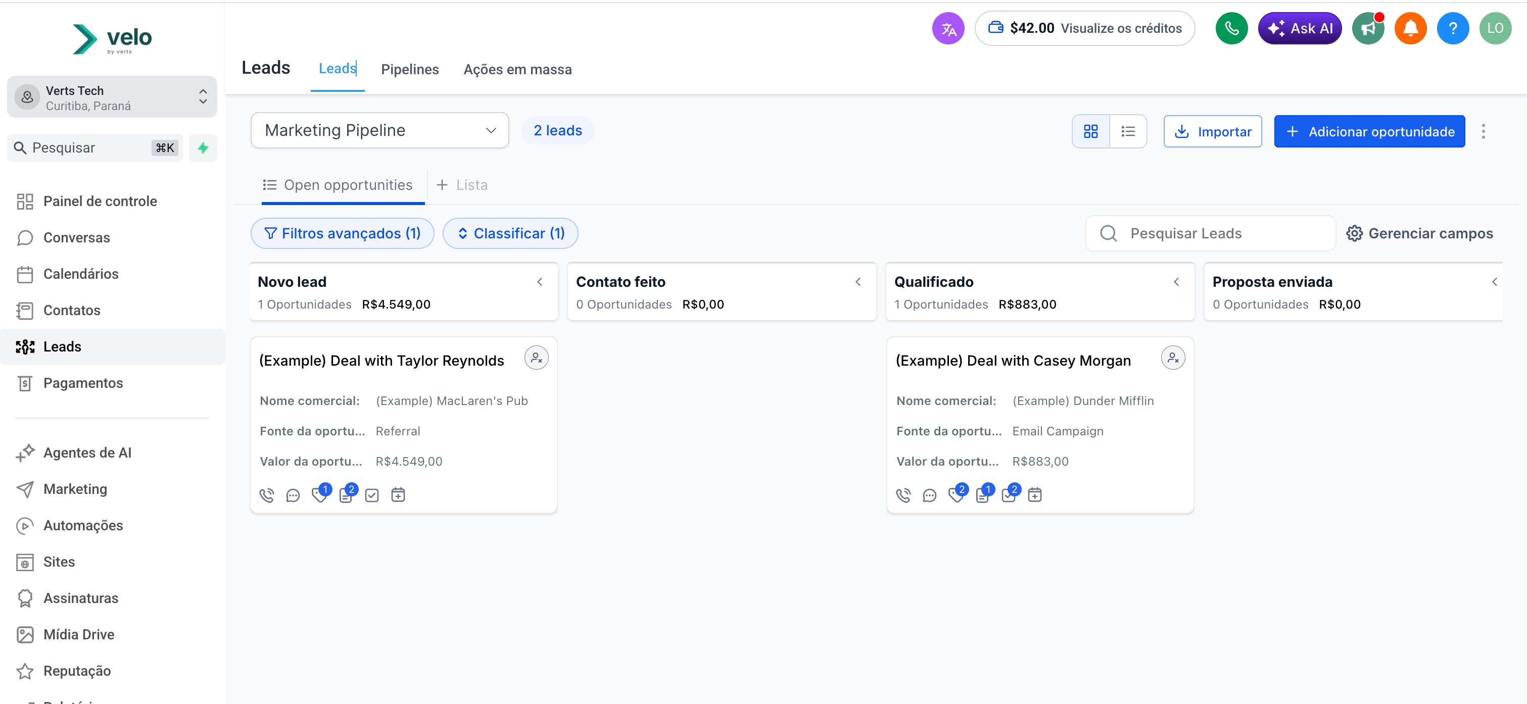 Pipeline de leads do Velo